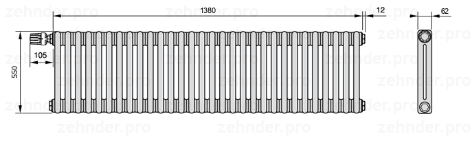 Схема (чертеж) Радиатор Zehnder Charleston 2055/30 №V012 Белый глянцевый RAL 9016